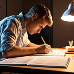 **Architect studying blueprints and exam materials at a desk, overwhelmed but determined. Textbooks, notes, and practice exams scattered around. Soft, warm lighting. Concept: Exam Preparation.**