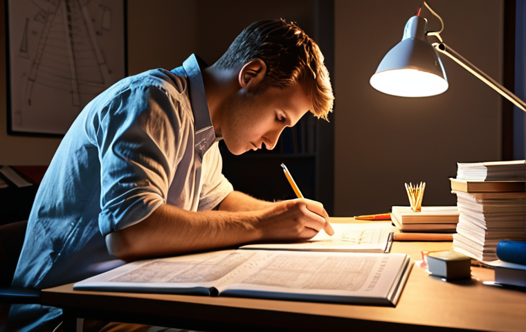 **Architect studying blueprints and exam materials at a desk, overwhelmed but determined. Textbooks, notes, and practice exams scattered around. Soft, warm lighting. Concept: Exam Preparation.**