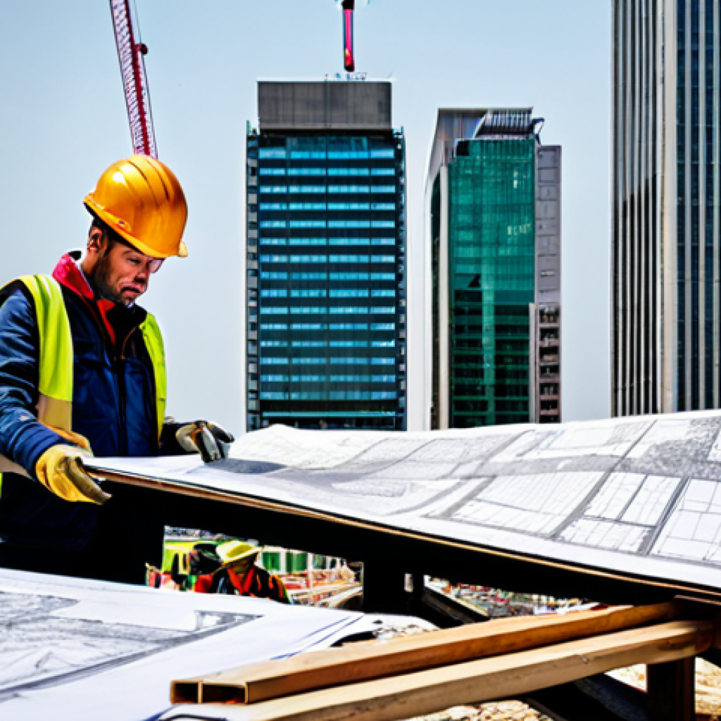 A powerful composite image illustrating the dichotomy of urban development. On the left, a towering, modern skyscraper stands prominently against a clear sky, representing aspirational city growth. On the right, a detailed view of a bustling construction site unfolds, where a diverse group of workers, fully clothed in appropriate safety attire and helmets, are diligently engaged in their tasks, using standard construction equipment. In the background, a professional office environment is subtly visible, with urban planners and architects, fully clothed and in professional dress, reviewing intricate blueprints. The scene emphasizes the journey from concept to concrete reality. safe for work, appropriate content, fully clothed, professional, perfect anatomy, correct proportions, natural pose, well-formed hands, proper finger count, natural body proportions, professional photography, high quality, sharp focus, vibrant colors.