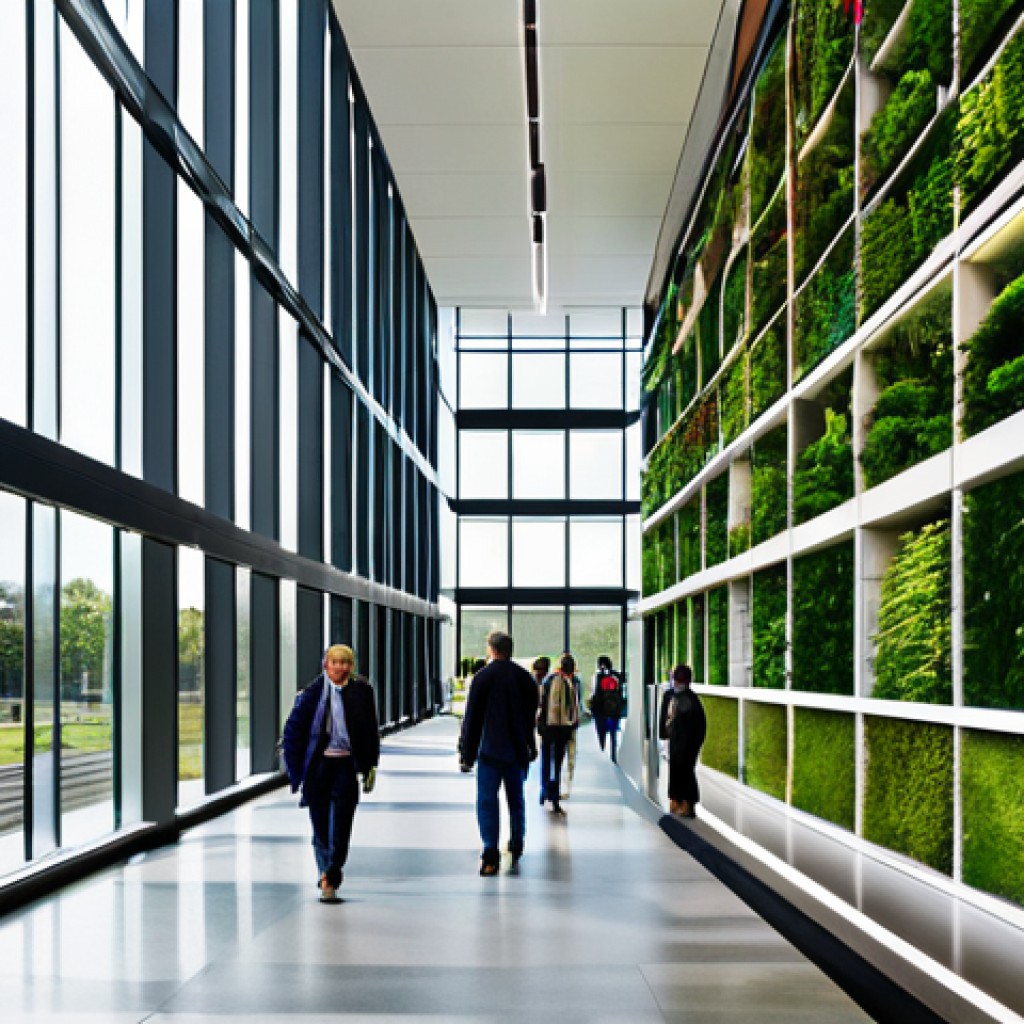 A modern, sustainable public library seamlessly integrated with green architecture and smart city technology. Individuals of diverse ages are present, fully clothed in professional and modest attire, engaging in quiet study and interaction. The building features a striking facade with integrated solar panels and vertical gardens. Large windows allow ample natural light into an interior space with smart lighting, digital information displays, and comfortable, functional furniture. Rainwater harvesting systems are subtly visible. The overall aesthetic is sleek, clean, and forward-thinking. Professional architectural photography, high resolution, realistic, sharp focus, vibrant yet natural colors, safe for work, appropriate content, fully clothed, professional, perfect anatomy, correct proportions, natural pose, well-formed hands, proper finger count, natural body proportions.
