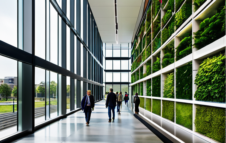 A modern, sustainable public library seamlessly integrated with green architecture and smart city technology. Individuals of diverse ages are present, fully clothed in professional and modest attire, engaging in quiet study and interaction. The building features a striking facade with integrated solar panels and vertical gardens. Large windows allow ample natural light into an interior space with smart lighting, digital information displays, and comfortable, functional furniture. Rainwater harvesting systems are subtly visible. The overall aesthetic is sleek, clean, and forward-thinking. Professional architectural photography, high resolution, realistic, sharp focus, vibrant yet natural colors, safe for work, appropriate content, fully clothed, professional, perfect anatomy, correct proportions, natural pose, well-formed hands, proper finger count, natural body proportions.