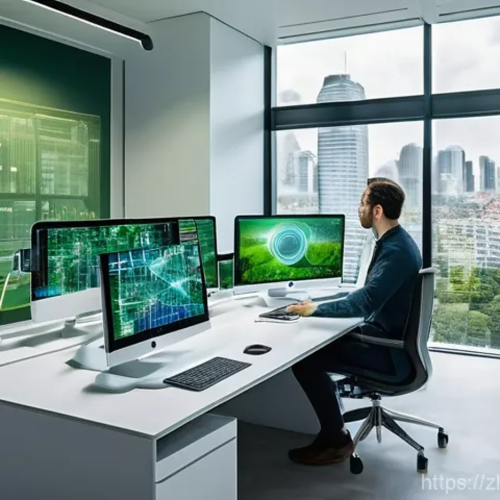 건축사와 건물 수명 주기 관리 - **Prompt:** A futuristic architectural studio interior, bathed in soft, natural light filtering thro...