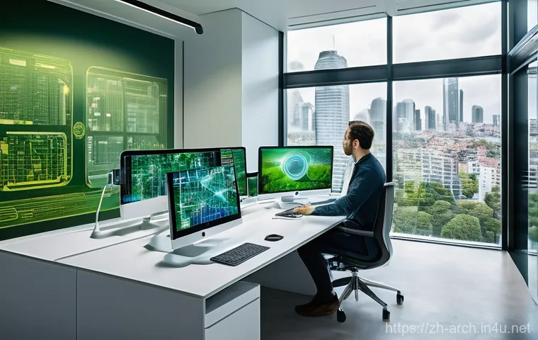 건축사와 건물 수명 주기 관리 - **Prompt:** A futuristic architectural studio interior, bathed in soft, natural light filtering thro...