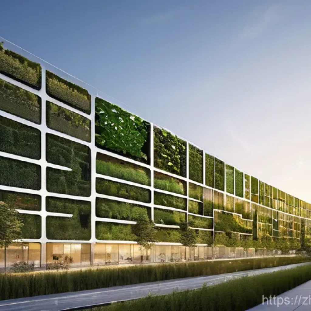 건축기사 시험의 심화 주제 분석 - **A highly detailed, futuristic green building bathed in the warm glow of a setting sun.** The archi...