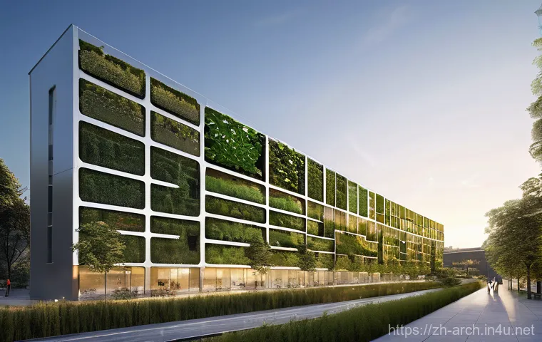 건축기사 시험의 심화 주제 분석 - **A highly detailed, futuristic green building bathed in the warm glow of a setting sun.** The archi...