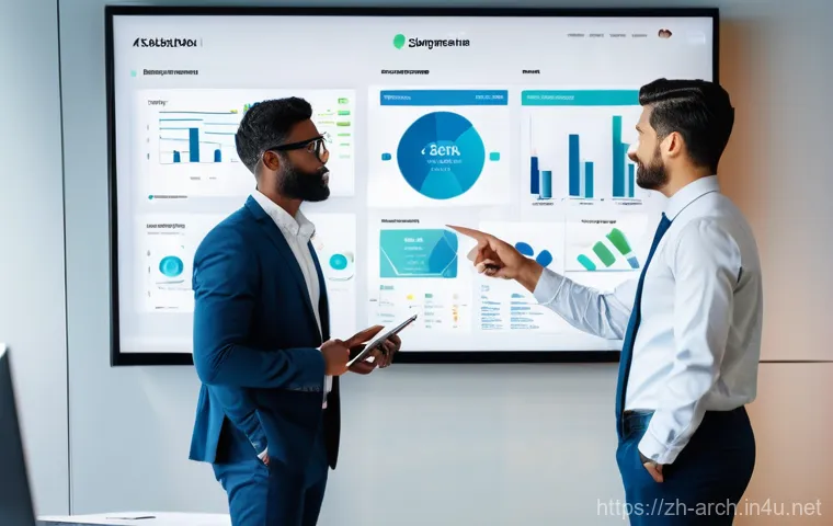 건축분야에서의 고객 커뮤니케이션 사례 - **Prompt:** A young, tech-savvy male architect, wearing a smart casual blazer, stands next to a midd... 건축분야에서의 고객 커뮤니케이션 사례 - **Prompt:** A young, tech-savvy male architect, wearing a smart casual blazer, stands next to a midd...