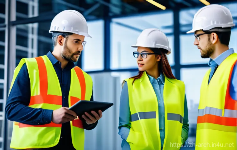 건축기사와 안전 관리 규정 - **Prompt:** A diverse team of five engineers (male and female, aged 30s-50s), dressed in smart casua...