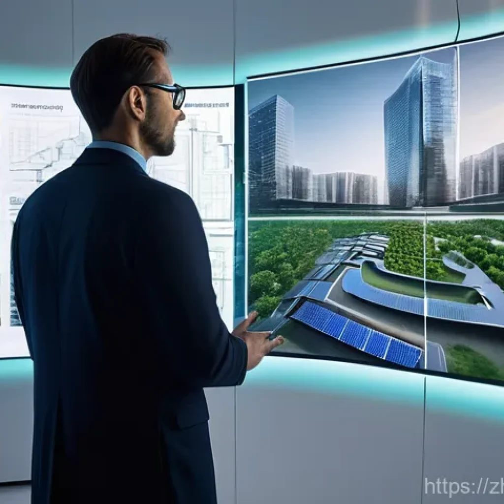 건축사와 건설 생애 주기 관리 - **A modern architect in a smart, well-lit studio, standing confidently before a large holographic pr...