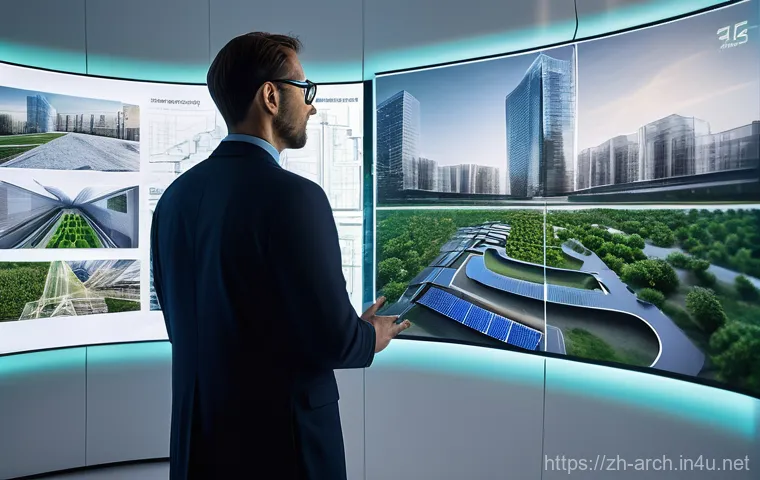 건축사와 건설 생애 주기 관리 - **A modern architect in a smart, well-lit studio, standing confidently before a large holographic pr...