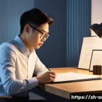 건축분야 자격증과 학습 자원 - A determined young professional, with East Asian features, deeply focused at a modern, slightly clut...