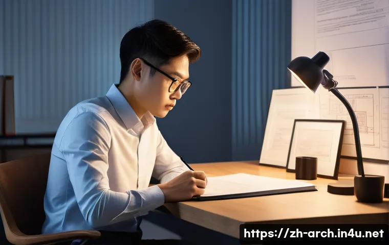 건축분야 자격증과 학습 자원 - A determined young professional, with East Asian features, deeply focused at a modern, slightly clut...
